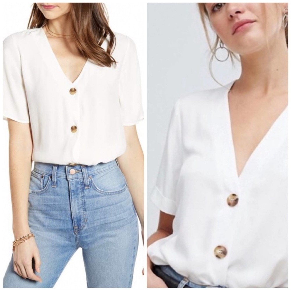 Something Navy Womens White V-Neck Button Front Viscose Blouse XS